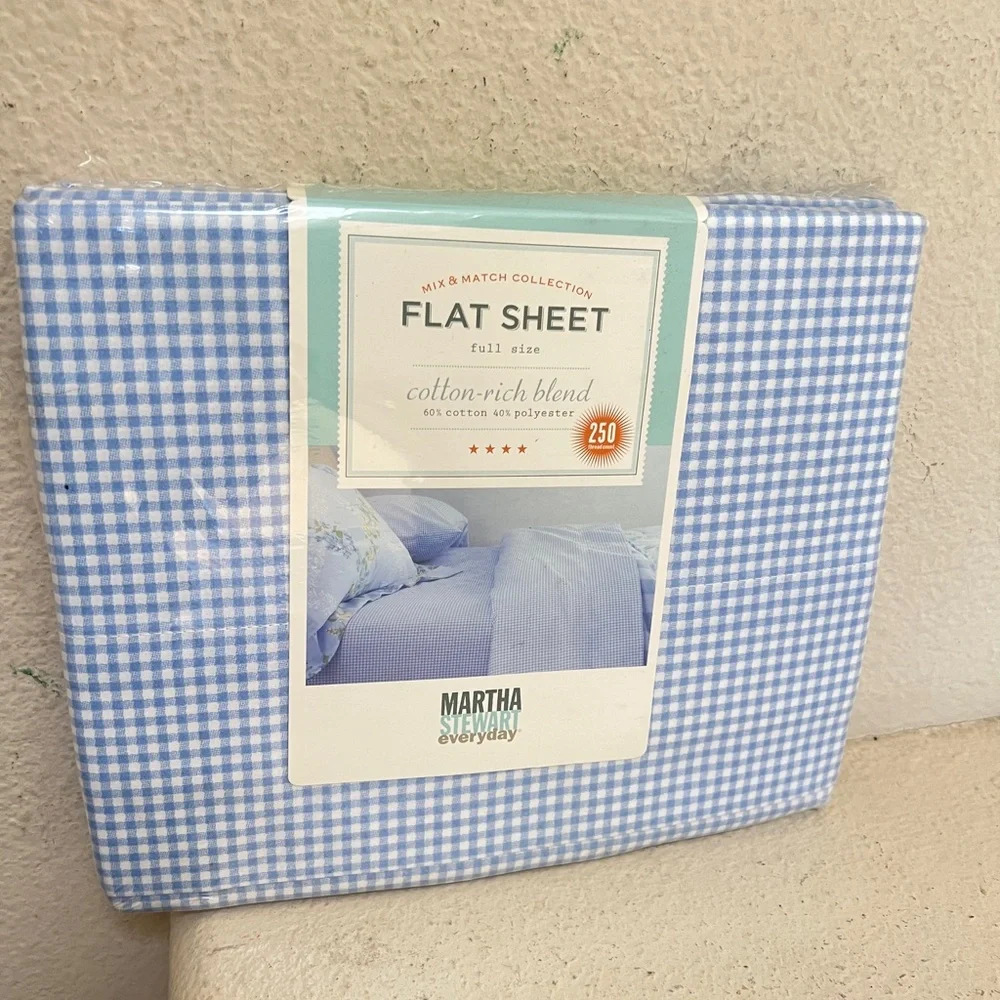 VTG NIP Martha Stewart Everyday  Cornflower Blue‎ Gingham Full size Flat Sheet